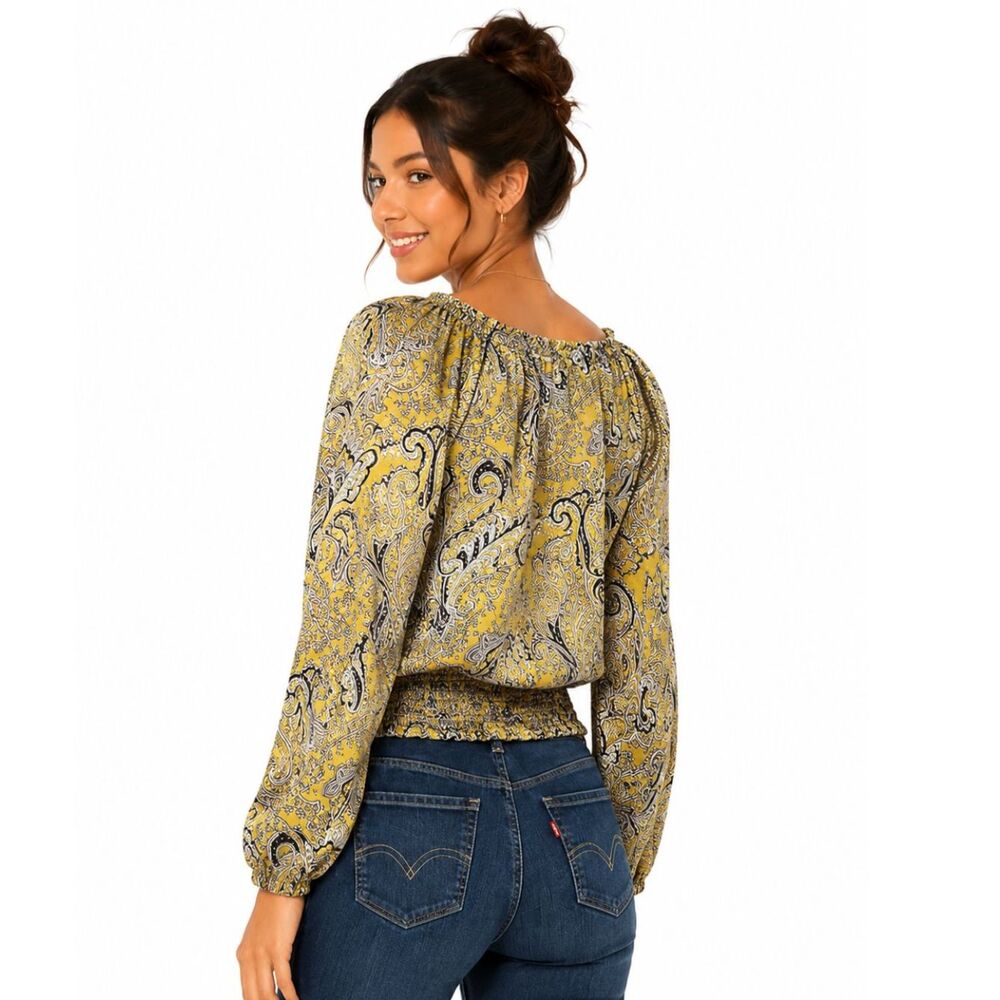 MICHAEL KORS Yellow & Black Paisley Off The Shoulder Top Blouse Size M Petite